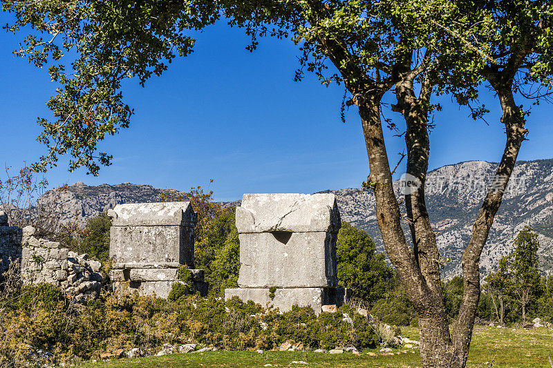 来自Dodurga村的Sidyma古城。Fethiye, Mugla，土耳其。